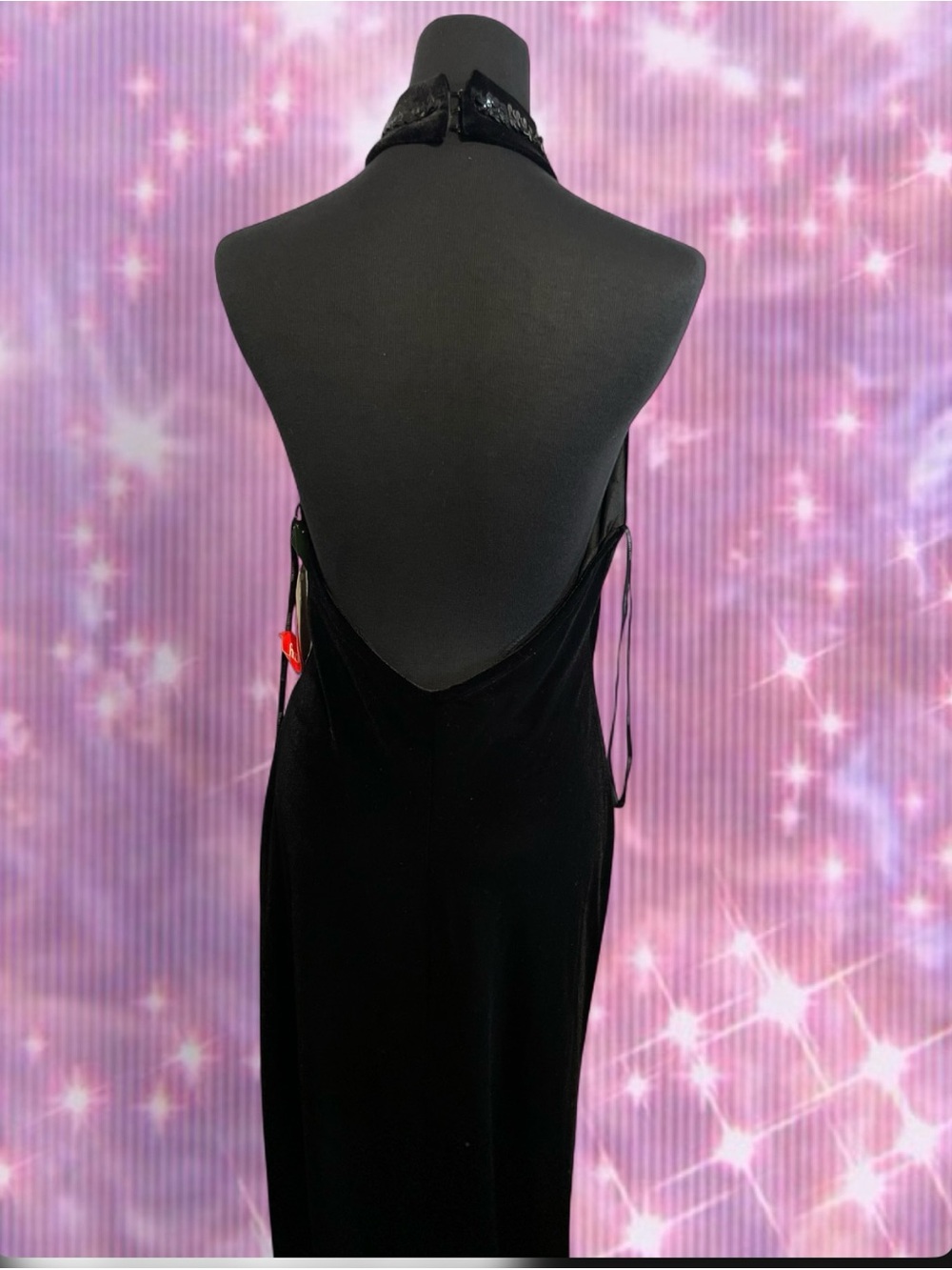 Night Way Collections Black Velvet Halter Maxi with Sequin Neck - Picture 3 of 3